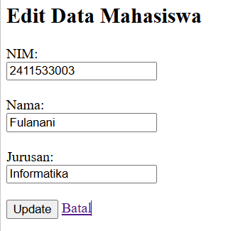 Output edit data mahasiswa